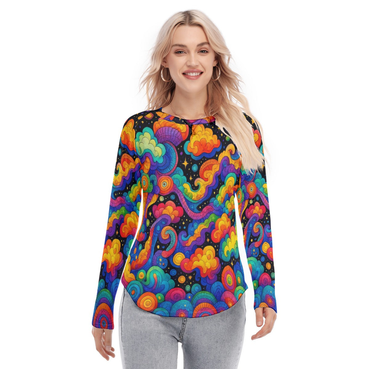 Women's Raglan Sleeves U-Shaped Hem Long Sleeves Blouse