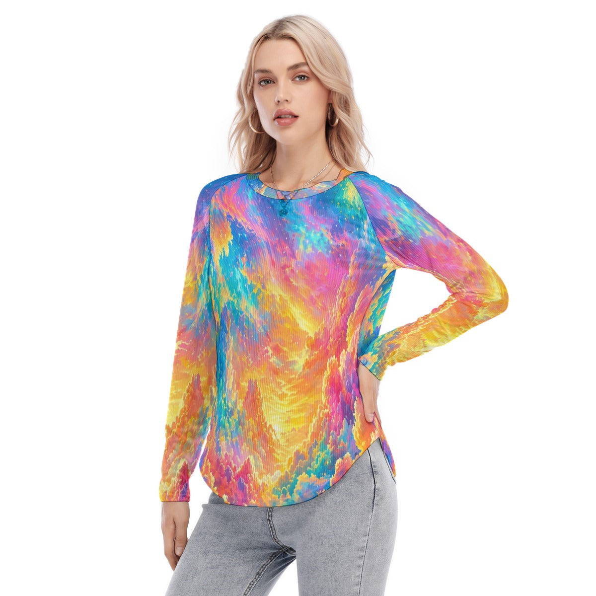 Women's Raglan Sleeves U-Shaped Hem Long Sleeves Blouse