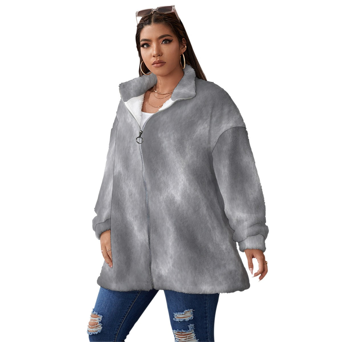 Unisex Borg Fleece Stand-up Collar Coat With Zipper Closure(Plus Size)