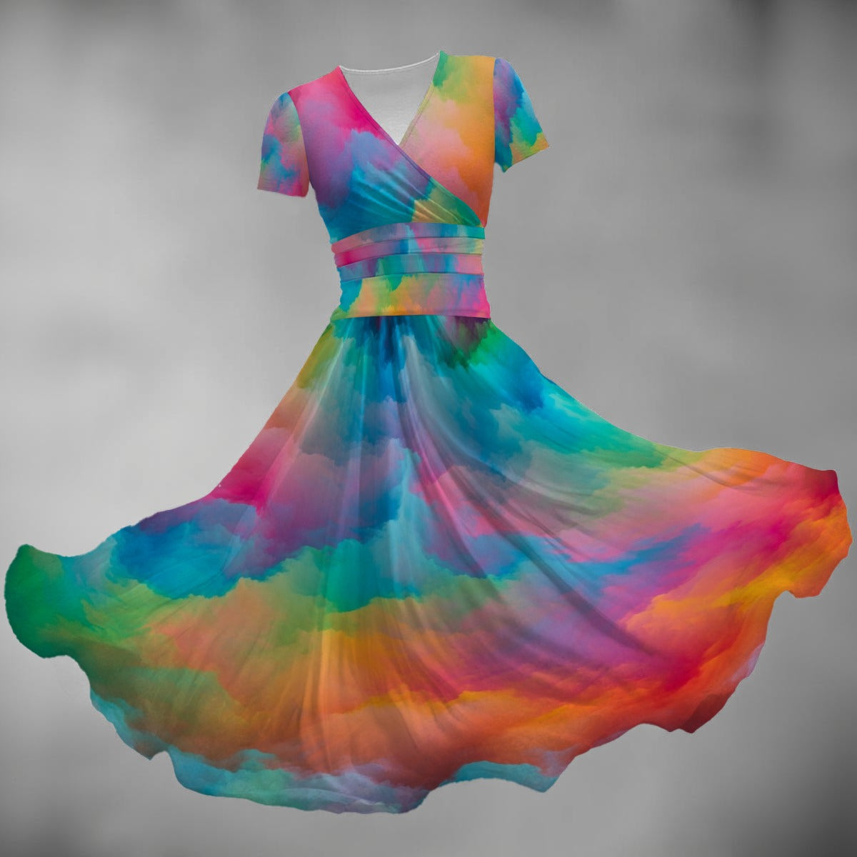 All-over Print Women's Short Sleeve V Neck Midi Dress