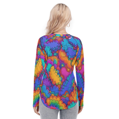 Women's Raglan Sleeves U-Shaped Hem Long Sleeves Blouse