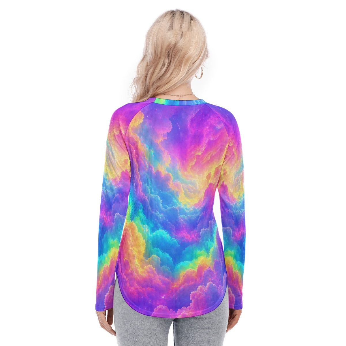 Women's Raglan Sleeves U-Shaped Hem Long Sleeves Blouse
