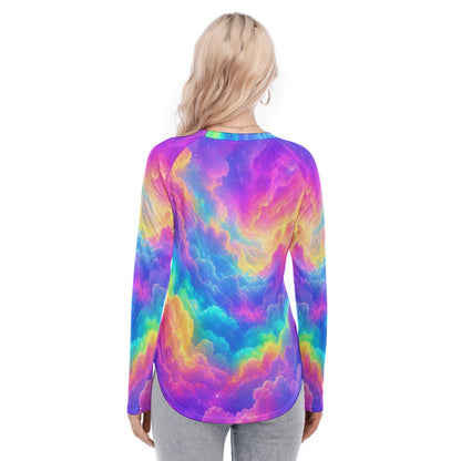 Women's Raglan Sleeves U-Shaped Hem Long Sleeves Blouse