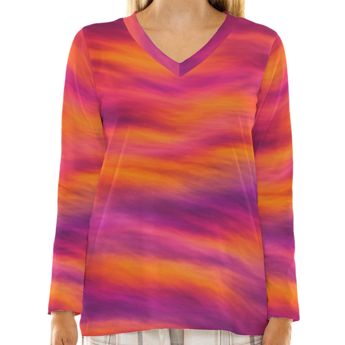 Women's Loose V-Neck T-Shirt With Long Sleeve