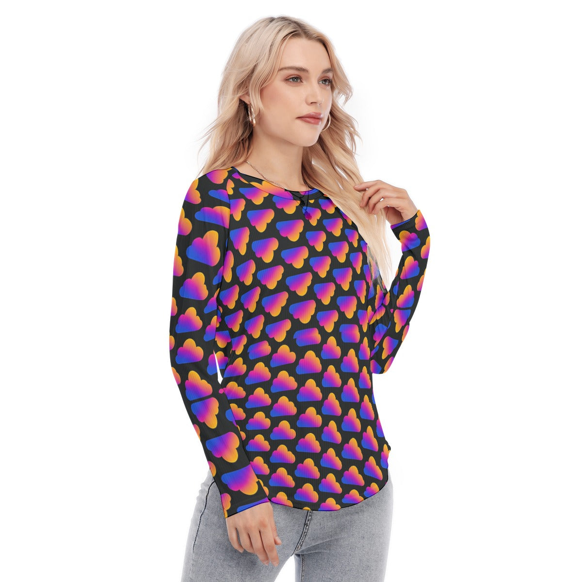 Women's Raglan Sleeves U-Shaped Hem Long Sleeves Blouse