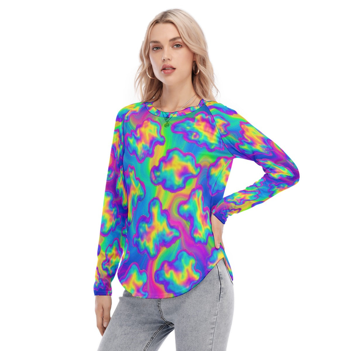 Women's Raglan Sleeves U-Shaped Hem Long Sleeves Blouse