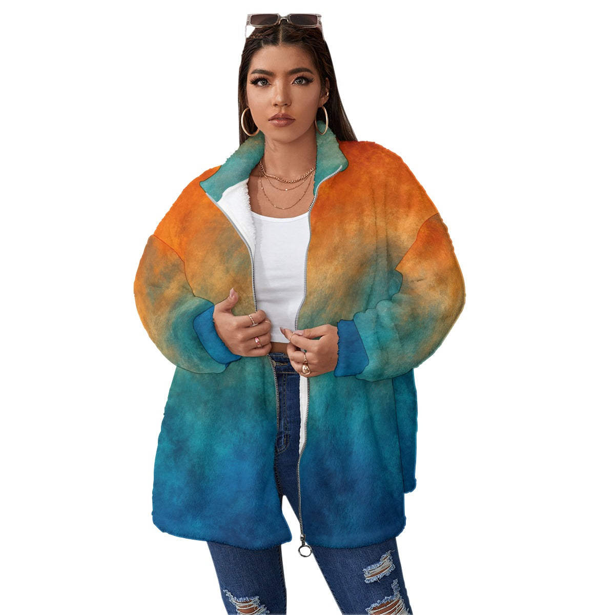 Unisex Borg Fleece Stand-up Collar Coat With Zipper Closure(Plus Size) by O’Nimbus