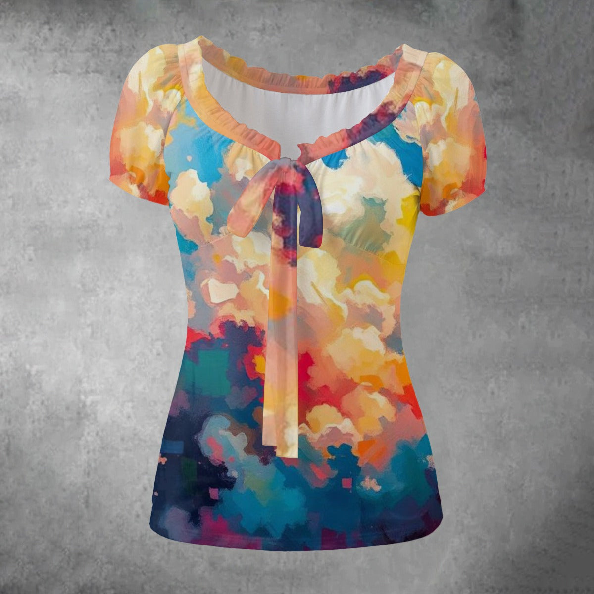 All-over print Women's Puff Sleeve Pleated Shirt