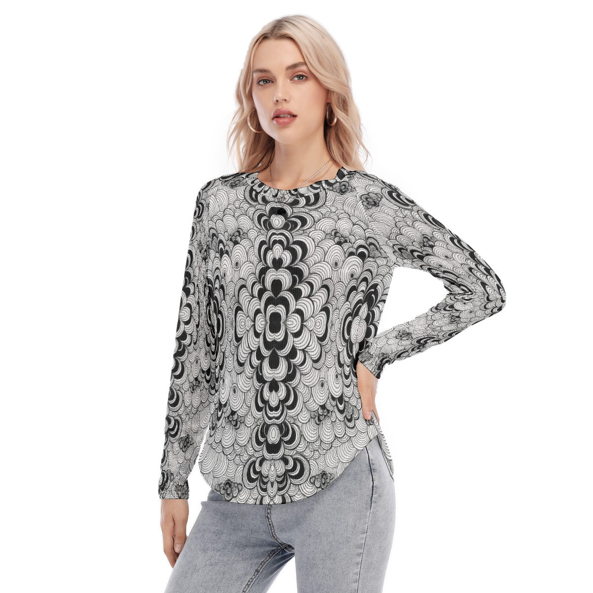 Women's Raglan Sleeves U-Shaped Hem Long Sleeves Blouse