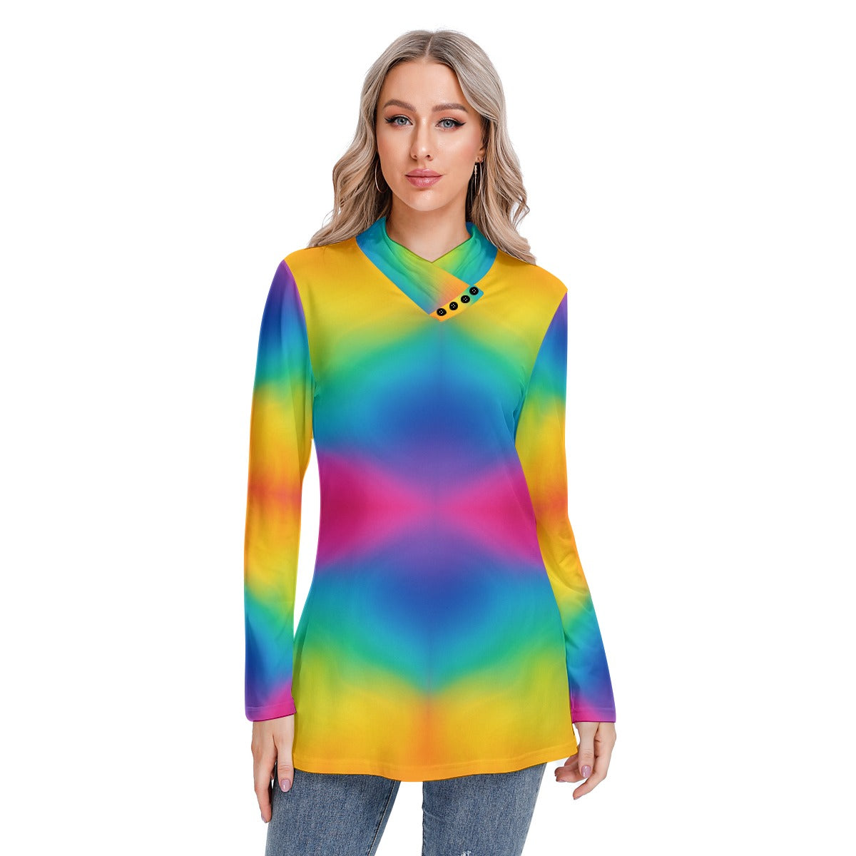 Women's Long-sleeved Heap-neck Slim Casual Tunic Blouse