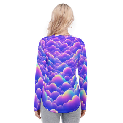 Women's Raglan Sleeves U-Shaped Hem Long Sleeves Blouse