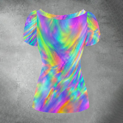 All-over print Women's Puff Sleeve Pleated Shirt