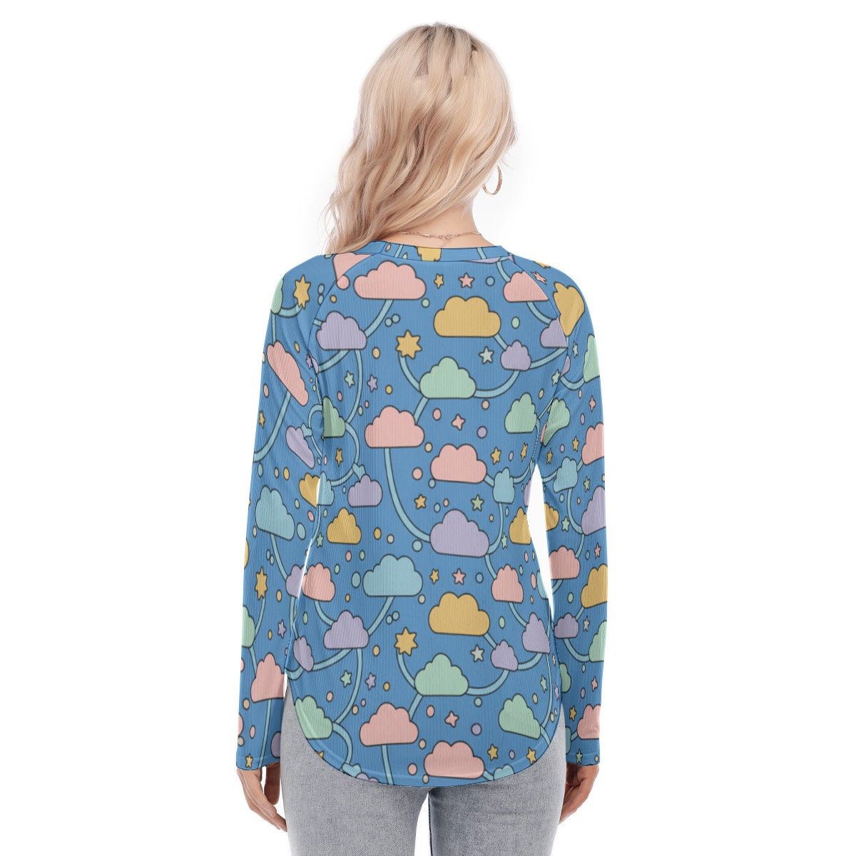Women's Raglan Sleeves U-Shaped Hem Long Sleeves Blouse