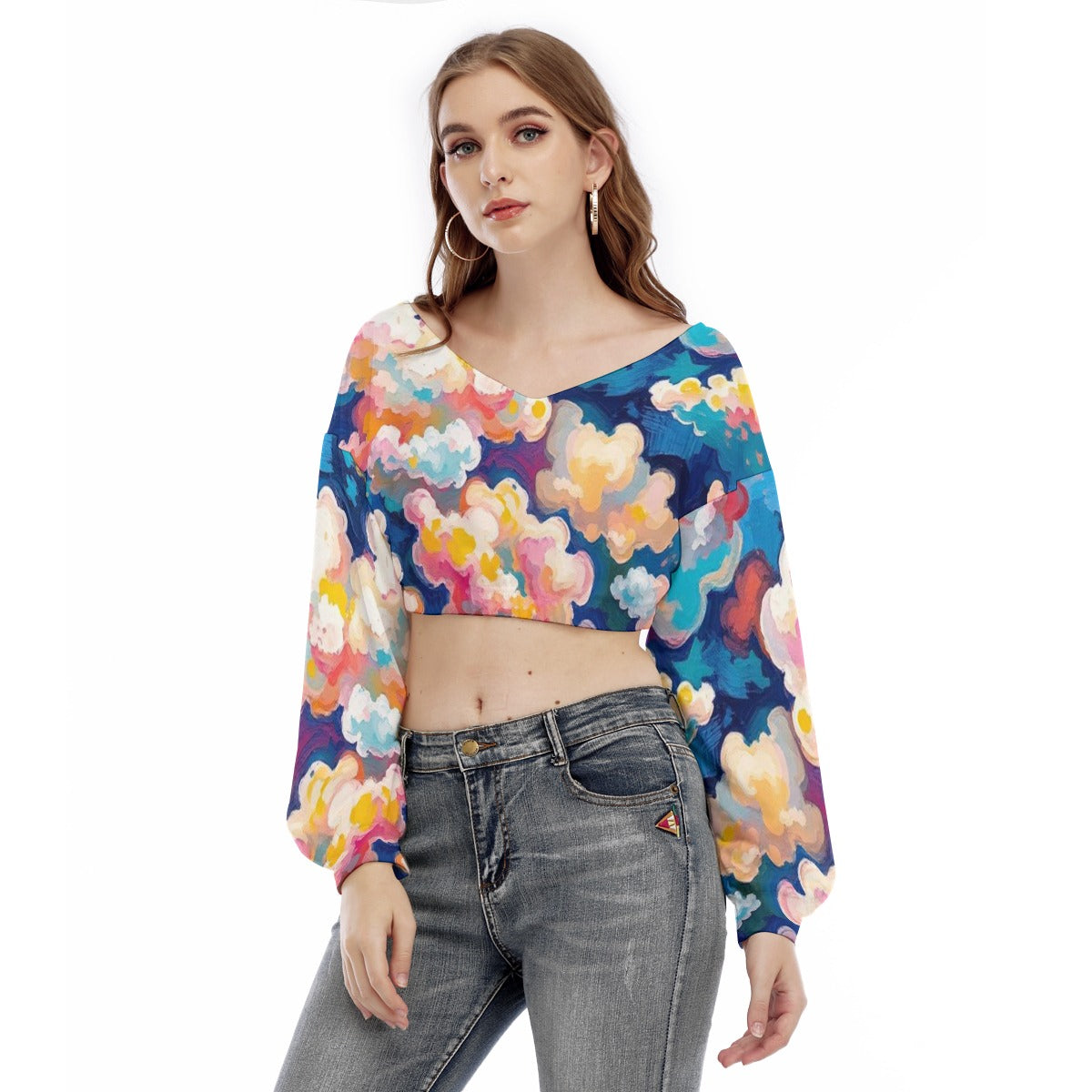 Women's V-neck Long Sleeve Cropped Sweatshirt