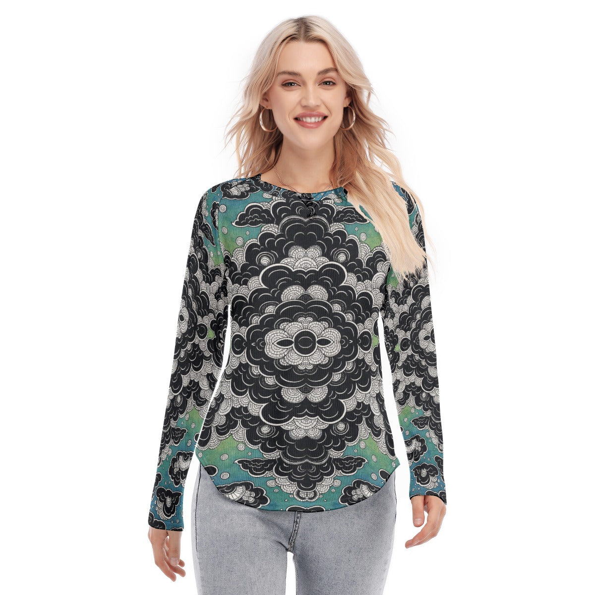 Women's Raglan Sleeves U-Shaped Hem Long Sleeves Blouse