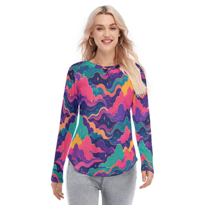 Women's Raglan Sleeves U-Shaped Hem Long Sleeves Blouse