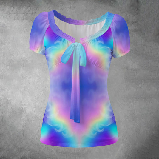 All-over print Women's Puff Sleeve Pleated Shirt