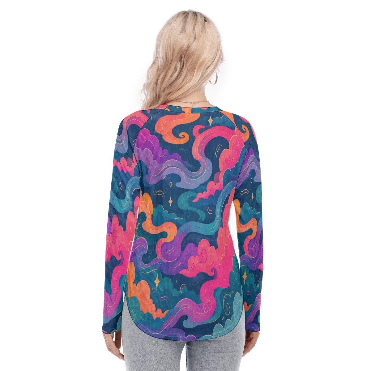Women's Raglan Sleeves U-Shaped Hem Long Sleeves Blouse