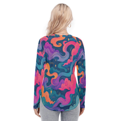 Women's Raglan Sleeves U-Shaped Hem Long Sleeves Blouse