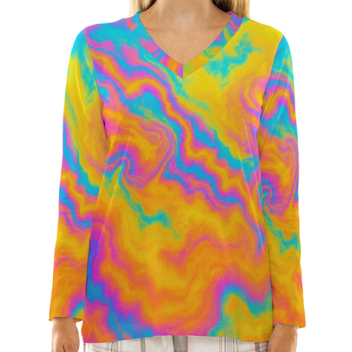 Women's Loose V-Neck T-Shirt With Long Sleeve