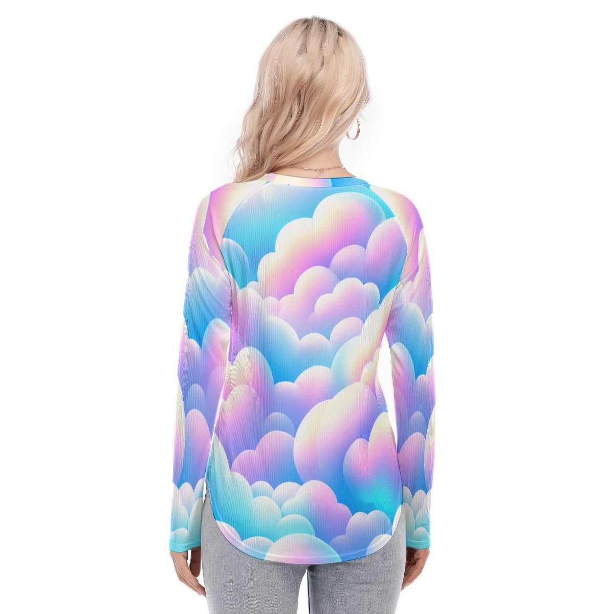 Women's Raglan Sleeves U-Shaped Hem Long Sleeves Blouse