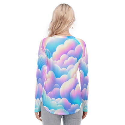Women's Raglan Sleeves U-Shaped Hem Long Sleeves Blouse
