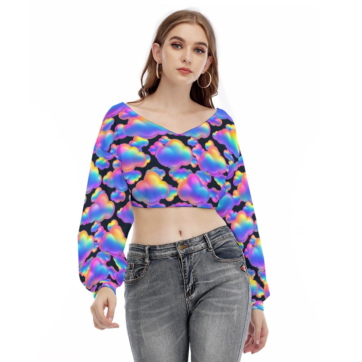 Women's V-neck Long Sleeve Cropped Sweatshirt