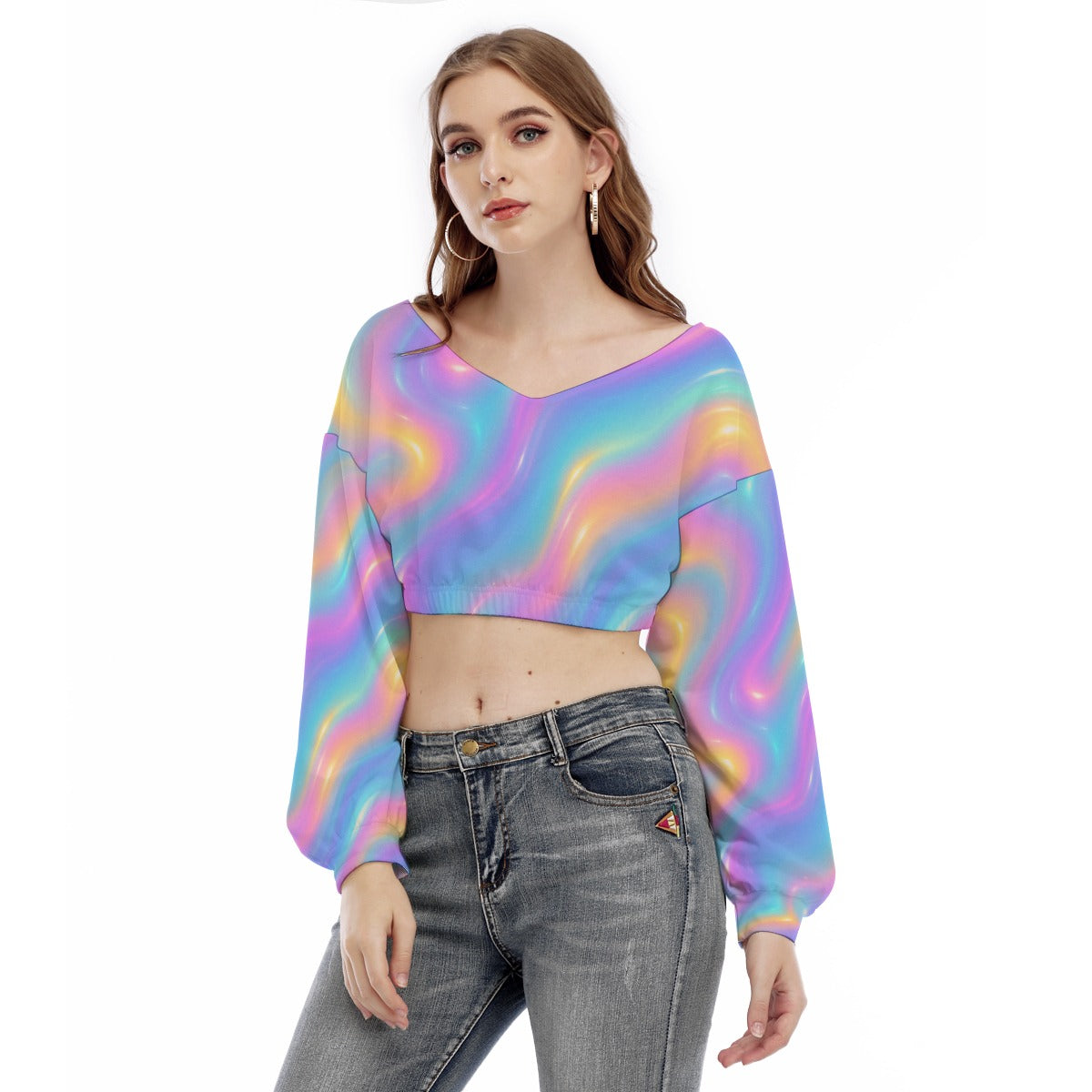 Women's V-neck Long Sleeve Cropped Sweatshirt