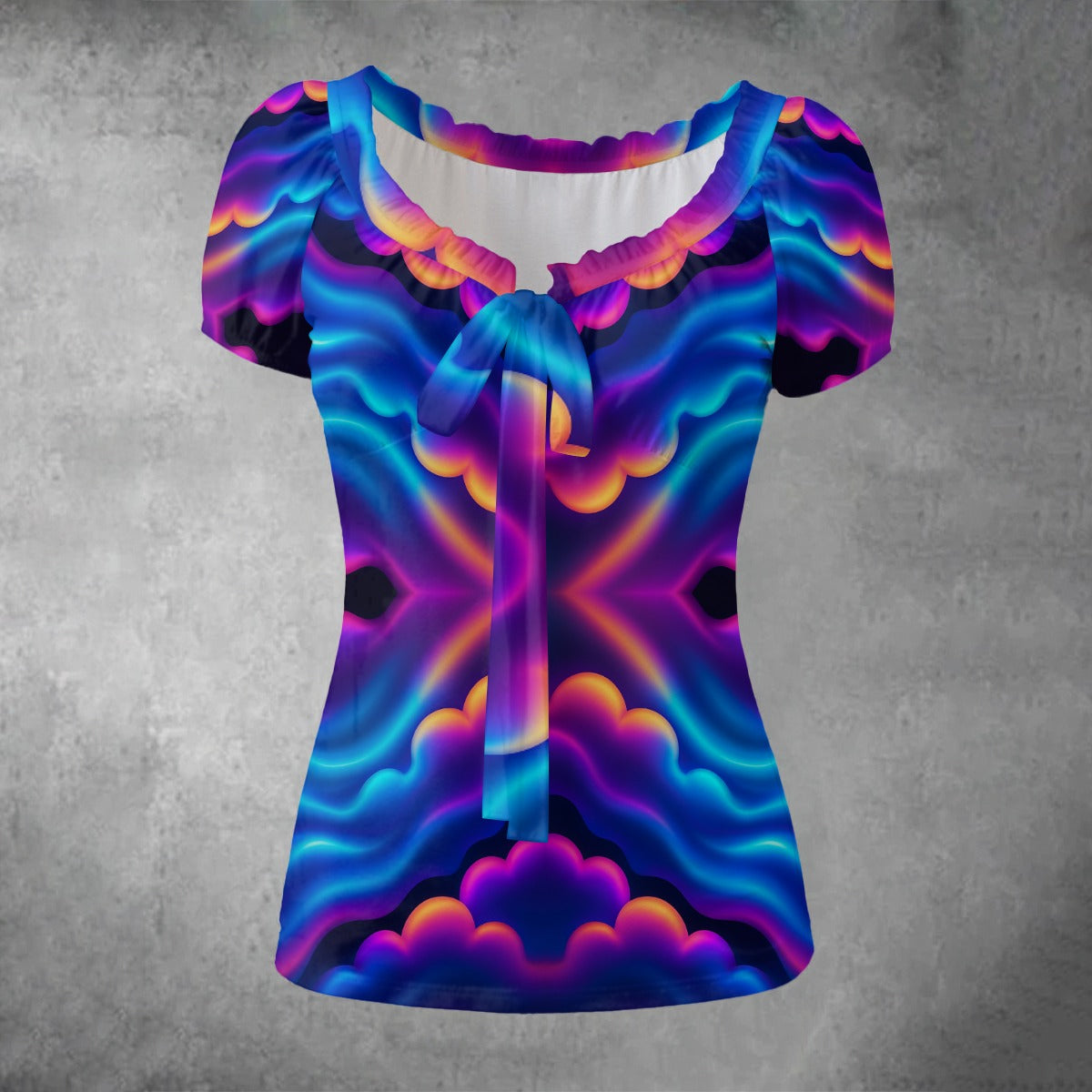 All-over print Women's Puff Sleeve Pleated Shirt