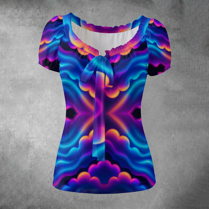 All-over print Women's Puff Sleeve Pleated Shirt
