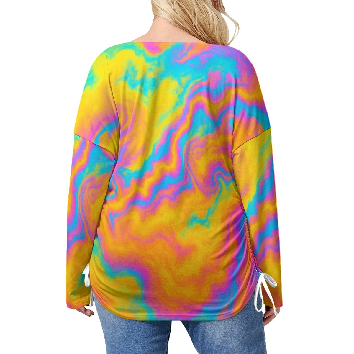 Unisex Women’s V-neck T-shirt With Side Drawstring(Plus Size)