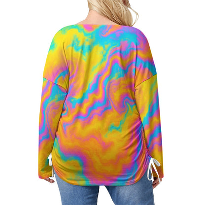 Unisex Women’s V-neck T-shirt With Side Drawstring(Plus Size)