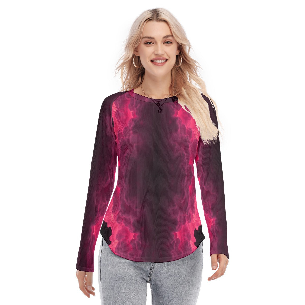 Women's Raglan Sleeves U-Shaped Hem Long Sleeves Blouse