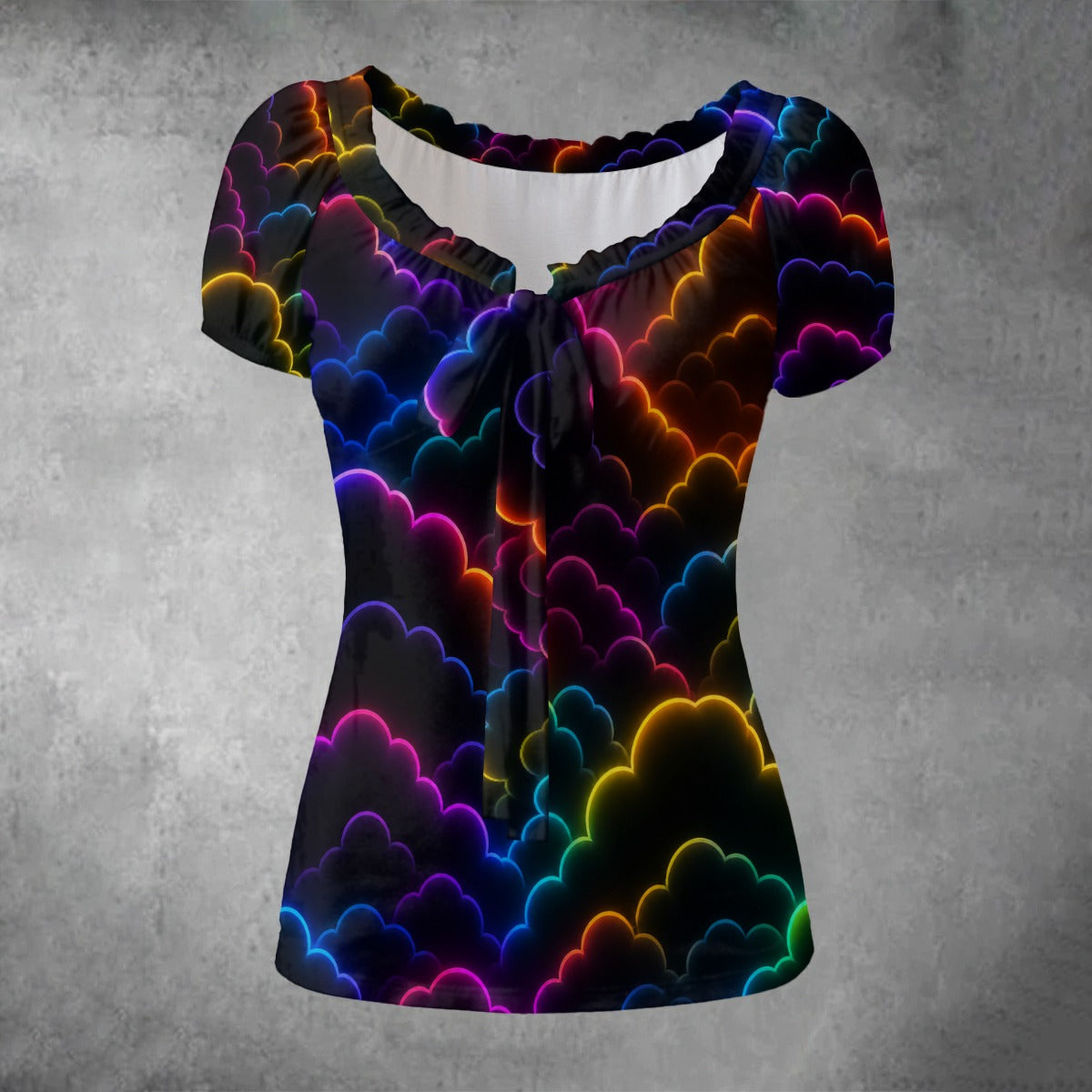 All-over print Women's Puff Sleeve Pleated Shirt