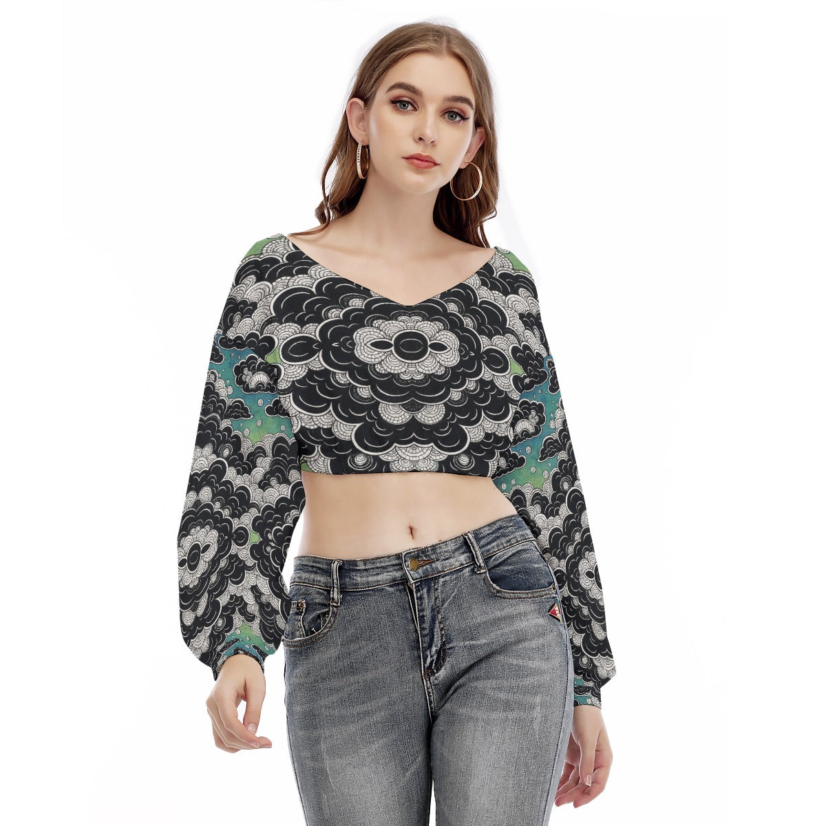 Women's V-neck Long Sleeve Cropped Sweatshirt
