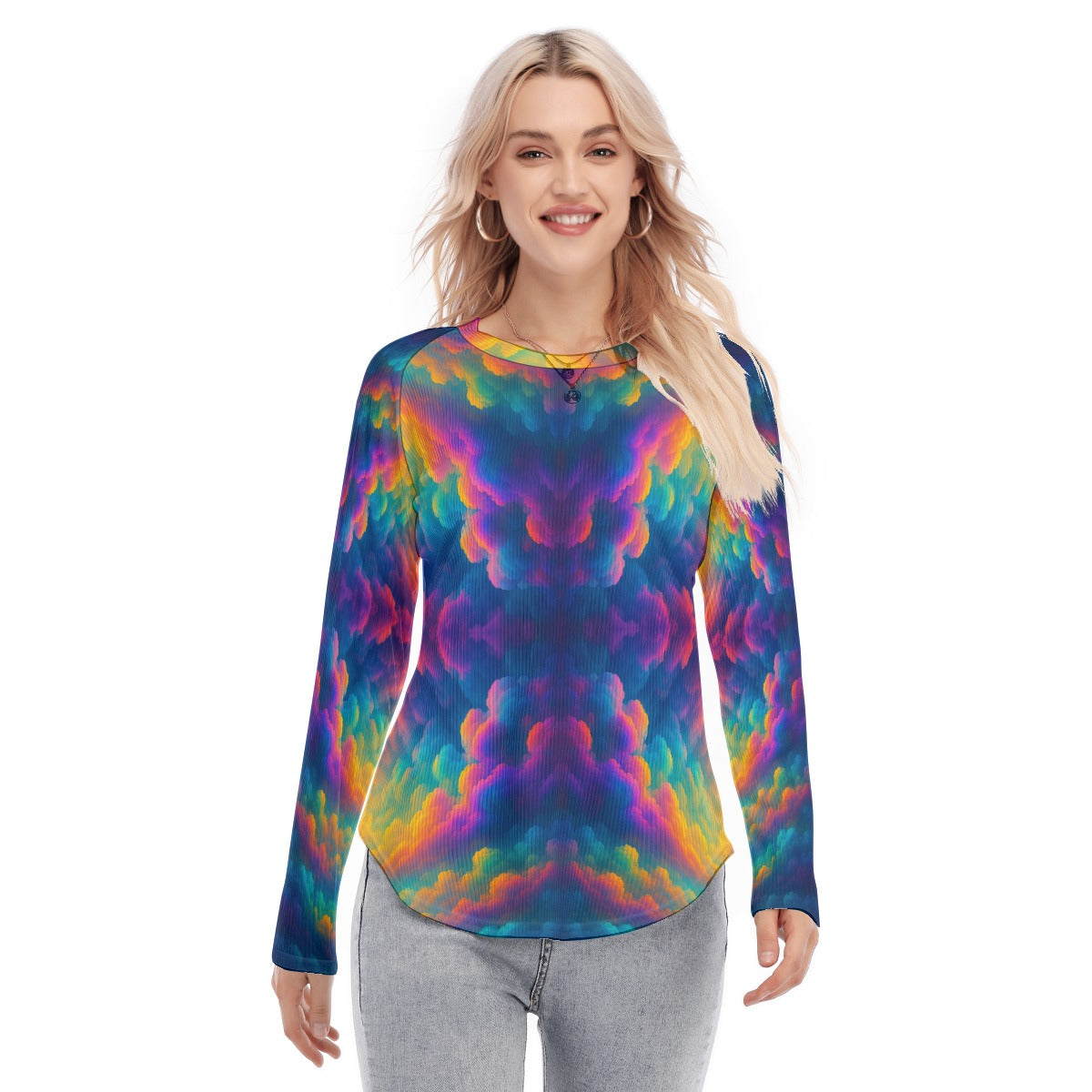 Women's Raglan Sleeves U-Shaped Hem Long Sleeves Blouse