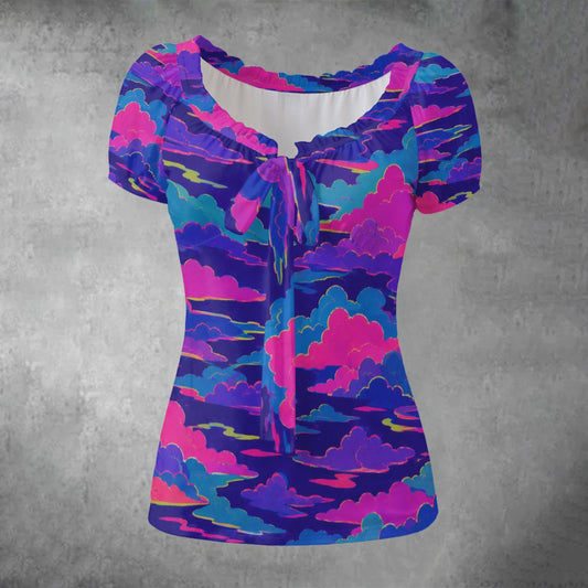 All-over print Women's Puff Sleeve Pleated Shirt