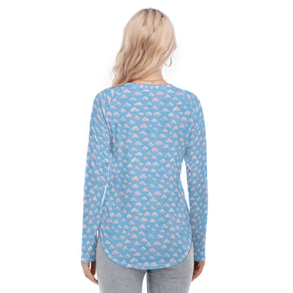 Women's Raglan Sleeves U-Shaped Hem Long Sleeves Blouse