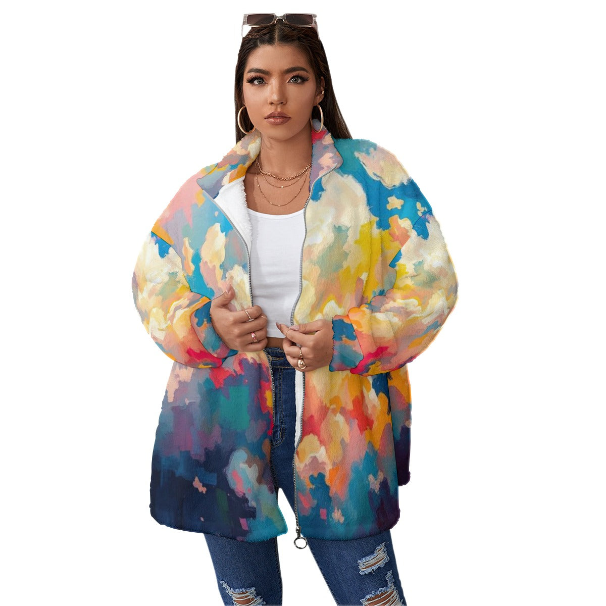 Unisex Borg Fleece Stand-up Collar Coat With Zipper Closure(Plus Size)