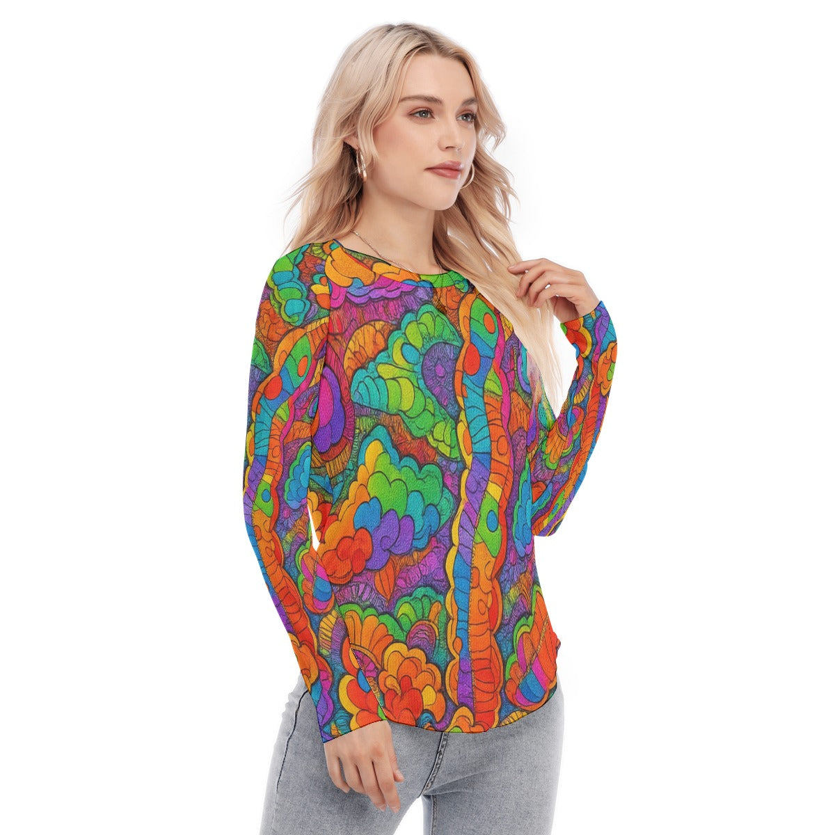 Women's Raglan Sleeves U-Shaped Hem Long Sleeves Blouse