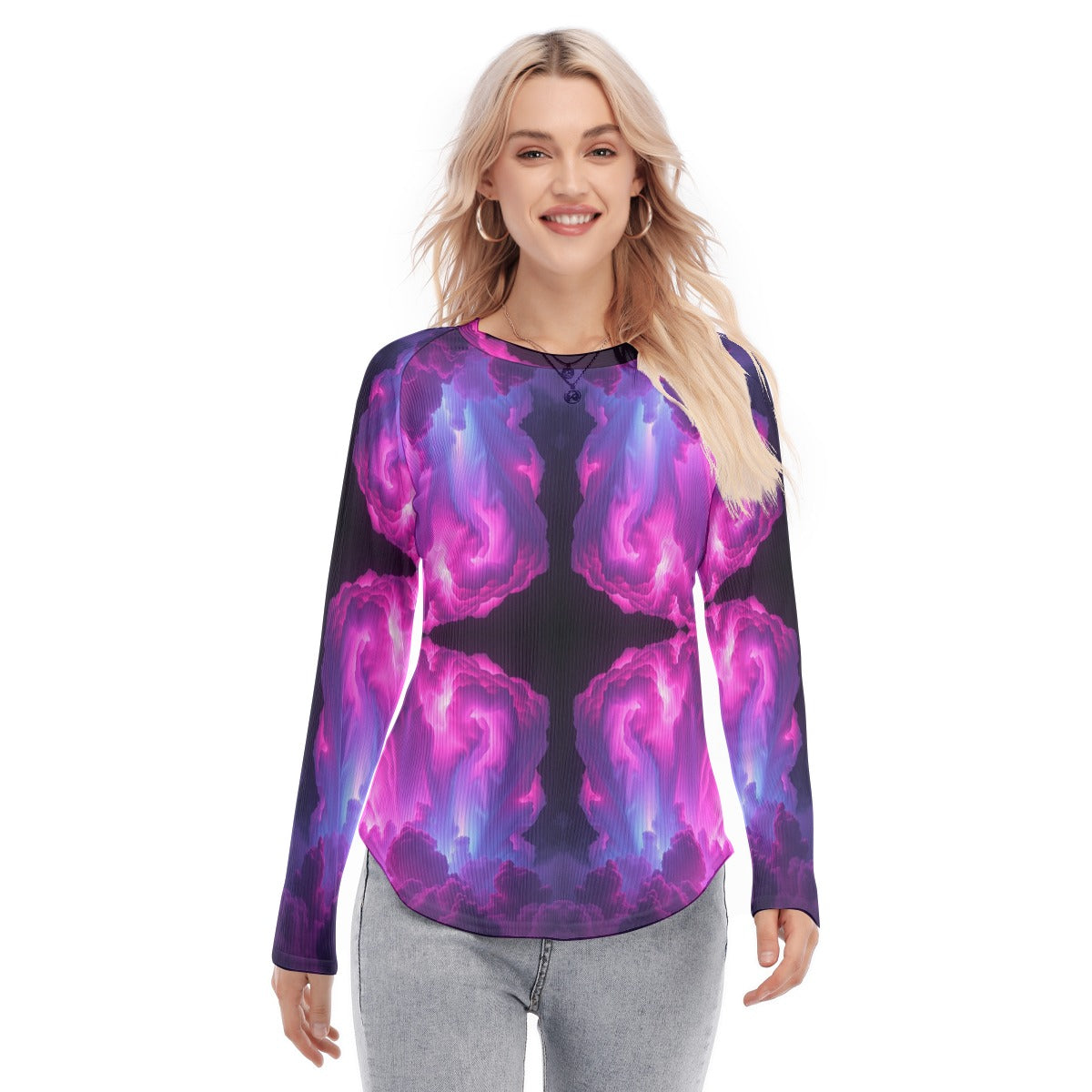 Women's Raglan Sleeves U-Shaped Hem Long Sleeves Blouse
