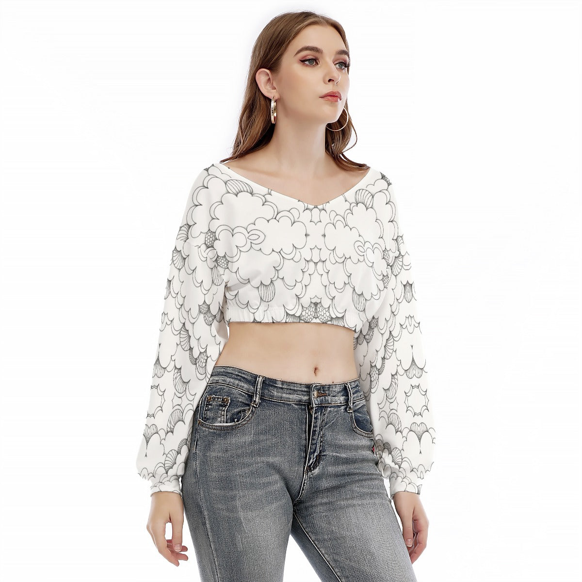Women's V-neck Long Sleeve Cropped Sweatshirt