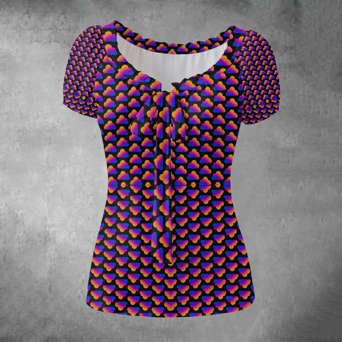 All-over print Women's Puff Sleeve Pleated Shirt