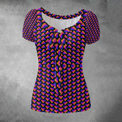 All-over print Women's Puff Sleeve Pleated Shirt