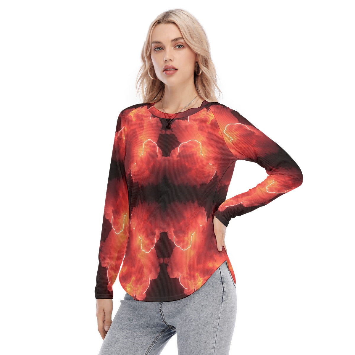 Women's Raglan Sleeves U-Shaped Hem Long Sleeves Blouse
