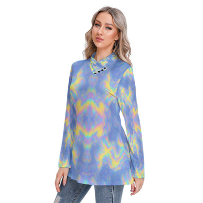 Women's Long-sleeved Heap-neck Slim Casual Tunic Blouse
