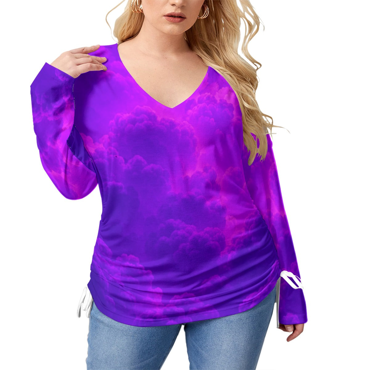 Unisex Women’s V-neck T-shirt With Side Drawstring(Plus Size)