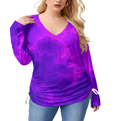 Unisex Women’s V-neck T-shirt With Side Drawstring(Plus Size)