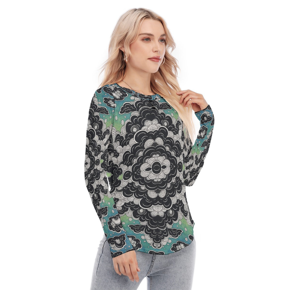 Women's Raglan Sleeves U-Shaped Hem Long Sleeves Blouse