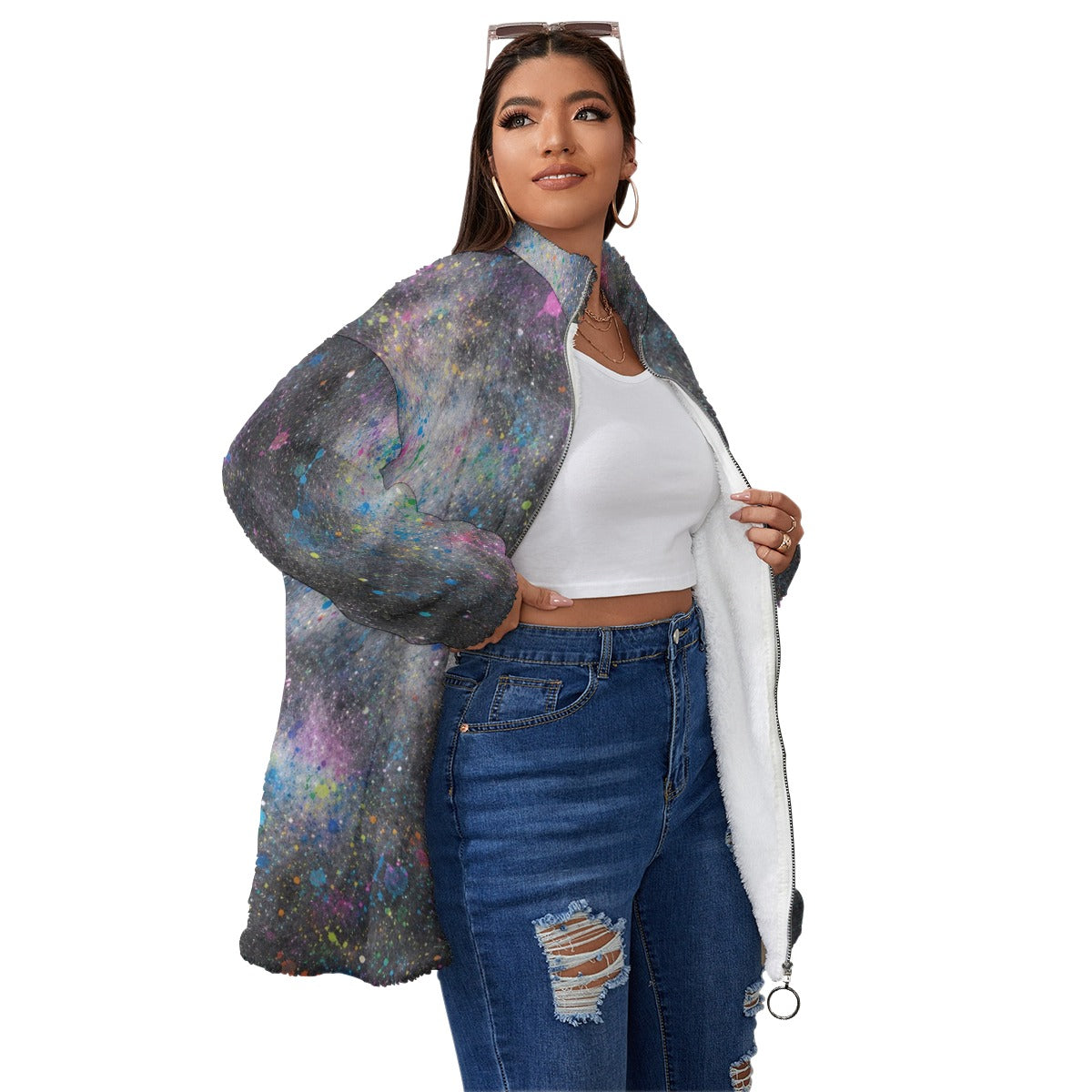 Unisex Borg-Fleece Stand-Up Collar Zip Coat — Plus Size - view 3